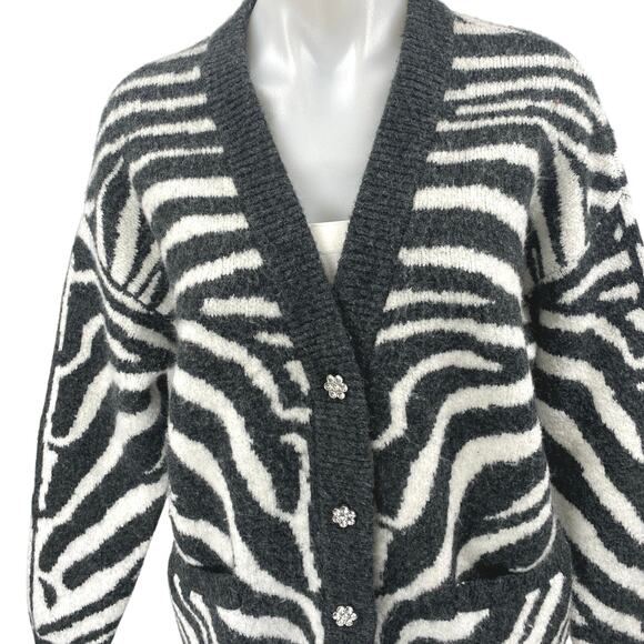 Zara Black White Wool Zebra Print Long Sleeve Button Up Cardigan Sweater Top S - Picture 3 of 5